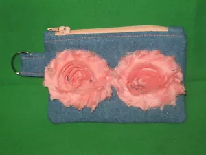 Denim Coin Purse w/ Peach Fabric Flowers & Key Ring -Handmade - Picture 1 of 3