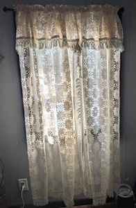 Lace Fringed Curtain Panels Set of 2 Attached Valance Ivory Boho Cottage 63" - Picture 1 of 11