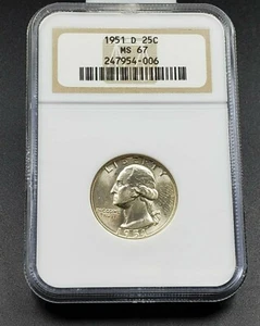 1951 D 25C Washington Quarter Coin NGC MS67 GEM BU ANA Brown Label Holder - Picture 1 of 5