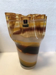 Vintage Kunst Glas Taschentuch Vase gelb lila weiß Bernstein mundgeblasen - Japan - Bild 1 von 11