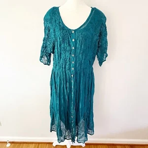 Vintage 90’s Crinkle Embroidered Button Front Midi Dress Women Fairy Boho Grunge - Picture 1 of 4