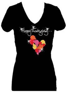 CAMISETA MANGA CORTA FELIZ DÍA DE ACCIÓN DE GRACIAS CON ESTRÁS BLING CUELLO EN V - Imagen 1 de 2