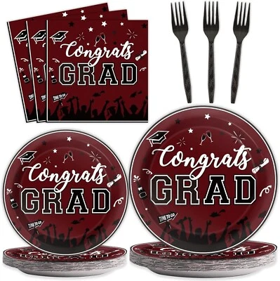 24 Graduation Party Plates Napkins Supplies, Maroon, Congrats Grad Class of 2025 - Image 1 of 4