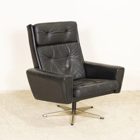 Mid Century Modern Black Leather High Back Swivel Arm Chair from Denmark Cover