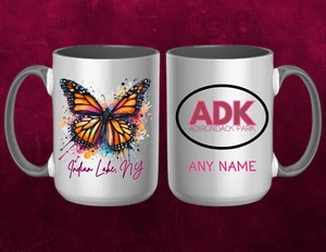 PERSONALIZED ADK MOUNTAIN BUTTERFLY 15oz Coffee Mug - Picture 1 of 1
