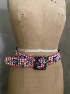 Vintage 70s RED GINGHAM Embroidered FOLK HEARTS Ribbon Belt ELABORATE BUCKLE 34 - Picture 1 of 8