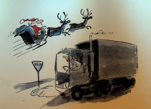 Henry S Syverson Original Kunst Weihnachtsmann Schlitten LKW Fahrer Ausbeute - Bild 1 von 2
