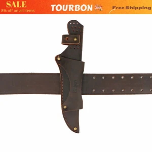 TOURBON Camping Fixed Blade Sheath Leather Knife Pouch w/ Fire Starter Slot - Picture 1 of 21
