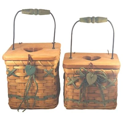 Vintage Woven Wood Heart Basket Set Metal Handle Cutout Green Brown Basketweave - Image 1 of 3
