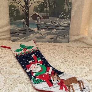Vintage JOY Santa Claus reindeer velvet needlepoint Christmas stocking 19" cabin - Picture 1 of 7