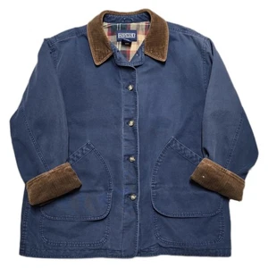VTG Lands End Womens XL Navy Chore Barn Coat Plaid Flannel Lined Corduroy Collar - Picture 1 of 20