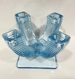 Fostoria Blue Four Candlestick Holder Candelabra 2546 Azure Art Deco MCM VTG - Picture 1 of 9