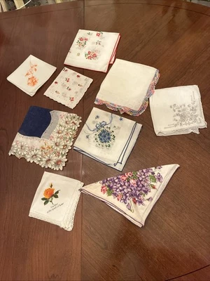 Vintage Lot Of 9 Cotton No Damage Clean Mixed Lot Hankies Handkerchiefs Women’s - Image 1 of 4