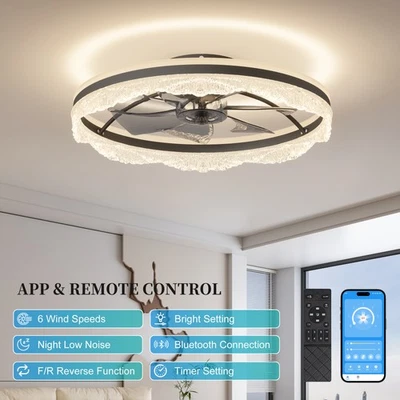 24" Flush Mount Black Ceiling Fan Light LED Crystal Design Dimmable Fixtures Kit - Image 1 of 4