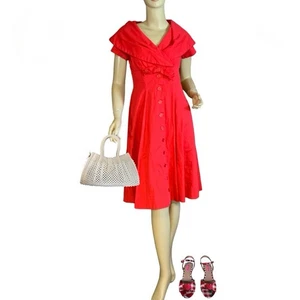 VINTAGE CIRCA 1950'S  HANDMADE RED COTTON SQUARE PATTERN DAY DRESS SZ APPX SMALL - Picture 1 of 13