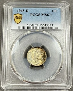 Moneda de diez centavos Mercury 1945-D 10c - graduación profesional MS67+ Plus - tono original BU - Imagen 1 de 2