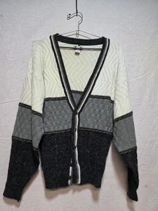 Vintage Cardigan Sweater Medium Grandpa Core 80s Geometric Button Preppy - Picture 1 of 6