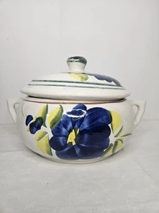 Vintage mexikanischer handgemachter bemalter dekorativer Bohnentopf mit Deckel blaue Blumen Kasserolle - Bild 1 von 11