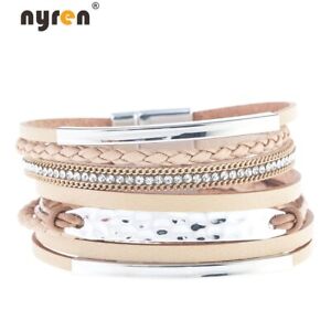 Leather Wrap Magnet Bracelet Beads Charms Bracelet Multi Color Women 07037