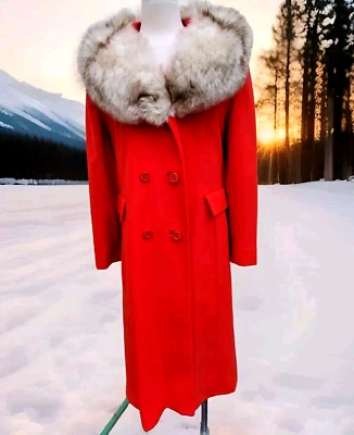 VTG 50s 60s Princess Coat Double Breasted Real Fur Red Wool Sz L/XL Youthcraft - Image 1 of 4