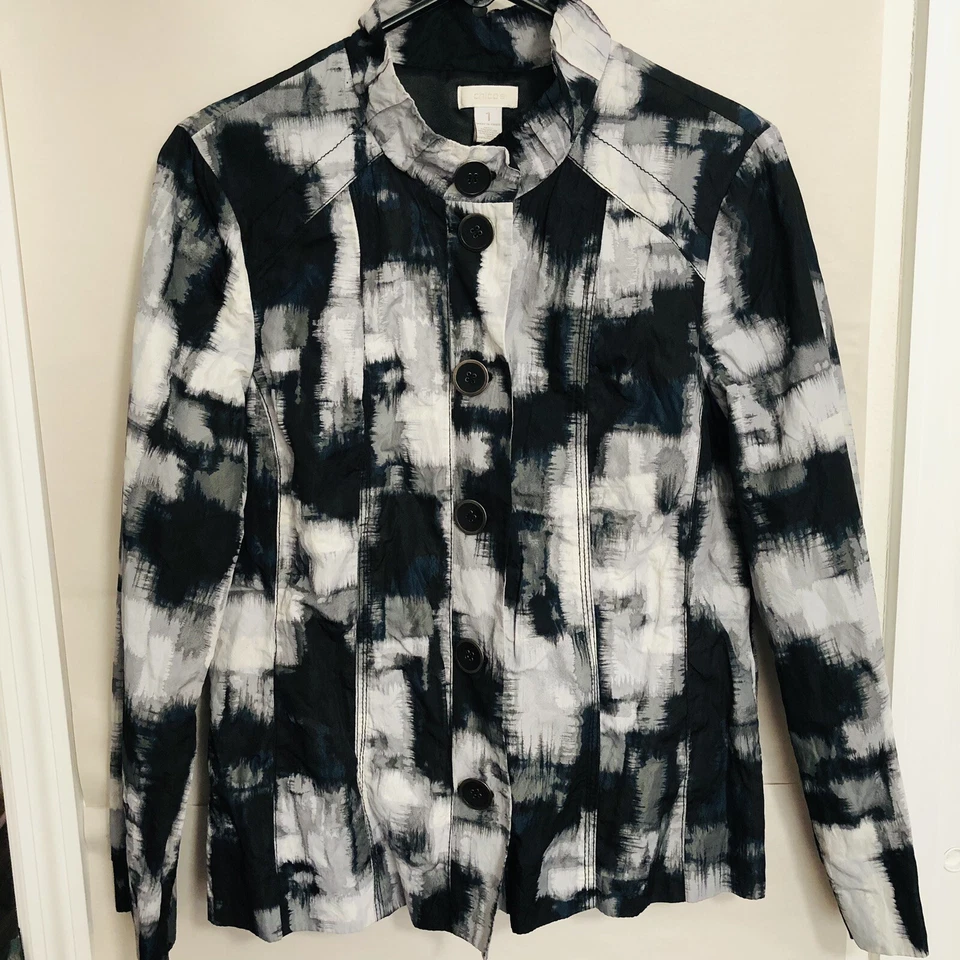 Chico's Sz 1 M 8 10 Jacket Button Down Watercolor Abstract Print High Neck Lined - Image 1 of 4