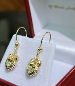 18k Solid Yellow Gold Heart Dangle Leverback Earrings, Diamond Cut 2.06 Grams - Picture 1 of 6