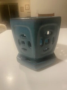 Ceramic Orchid Pot w Cut Out Holes & Attached Saucer - Hexagon 5.25” X 4.75”Blue - Picture 1 of 9