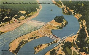 Linen Postcard ~ Oregon Columbia River Hwy., Bonneville Dam Aerial View - Picture 1 of 2