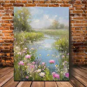 Spring Meadow Wildflowers River Landscape Wall Art Canvas Unframed/Framed - Picture 1 of 7