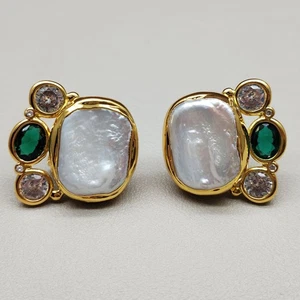 Aretes pavé circonita cúbica perlas blancas de agua dulce 18x24 mm joyería de boda de diseñador - Imagen 1 de 7