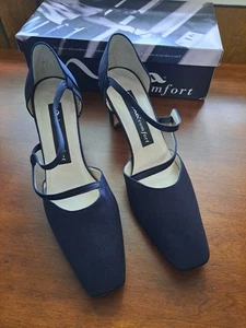 Nina Comfort Navy Blue Satin Style Strapy Evening Shoes Dress Heels Sz 9.5 Spain - Picture 1 of 8