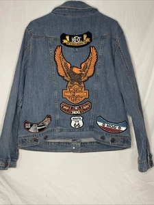 Blue Jean Jacket Wrangler retro Size XL Harley Davidson With Patches - Picture 1 of 14