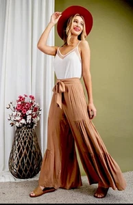 Rewash Tie Waist Tiered Wide Leg Pant Burnwood Smocked Boho Damen XS Neu mit Etikett - Bild 1 von 14