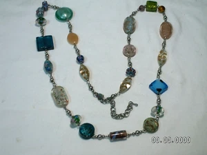 ...PREMIER DESIGN...Silver Tone Chain & Assorted Art Glass Beads Necklace... - Picture 1 of 8
