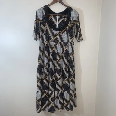 Vestido recto midi eShakti para mujer 1X estampado geométrico en capas cintura imperio elástico Foto 1 de 4