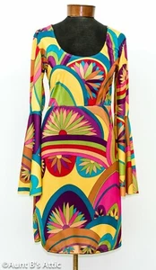 60's-70's Groovy Multi Color Print 2Pc Bell Sleeved Costume Dress & Headscarf - Picture 1 of 4