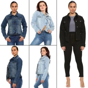 Enzo Womens Denim Jacket Clásico Botón Casuales Elástico Manga Larga Jean Abrigo - Picture 1 of 31
