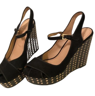 Sandalias/zapatos TORY BURCH Ollie de cuero/gamuza negros a lunares con plataforma de cuña 10,5 Foto 1 de 4