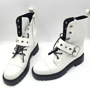 Zara White Leather Chunky Buckle Goth Combat Boots Women Size 6.5 US / 39 EU - Picture 1 of 12