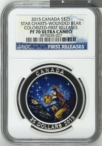 2015 NGC PF 70 U-Cam Canada Star Charts Wounded Bear $25 Coin, 1oz .9999 Silver Cover