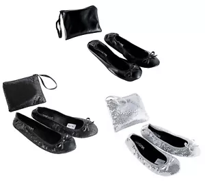 Roll Up Satin Sequin Shoes Fold Up Flats Ballet Ladies After Party Shoe With bag - Picture 1 of 30