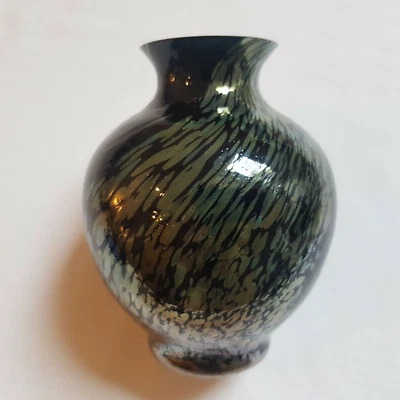 Royal Brierley Iridescent dots art glass vase hand blown black vintage England  - Image 1 of 4