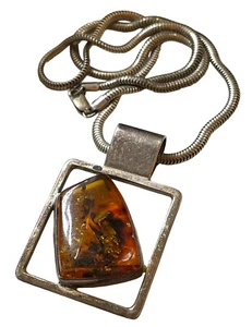 Sterling Silver Amber Necklace Large Modernist Statement - Picture 1 of 4