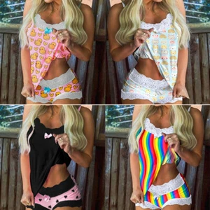 Home Wear Two-Piece First-Hand Pajamas Foreign Cross-Border Top+Shorts Printed - Picture 1 of 14