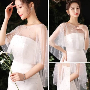 Wedding Cover Up Pearl Cape White Pearl Tulle Net Shawl Short Front Long Back ä - Picture 1 of 13