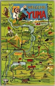 c1960s YUMA, Arizona Greetings Postcard w/ Area Highway Map - Curteich Chrome - Picture 1 of 2
