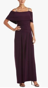 R & M Richards Womens Sz 14P Sleeveless Jeweled Jumpsuit Plum Ruched Stretch - Picture 1 of 12