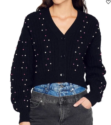 $395 SANDRO Paris Jules Destiny Cropped Cardigan Sweater Black w/Pearls 1-SMALL - Image 1 of 4