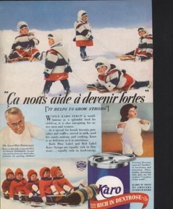 1937 KARO SYRUP DIONNE QUINTUPLET MOVIE STAR SPORT SLEDDING WINTER FOOD AD 16448 - Picture 1 of 1