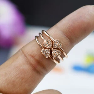 Heart Clover Ring 925 Sterling Silver Statement Ring Bow and Heart Rings - Picture 1 of 6